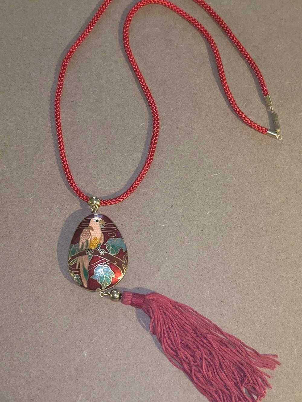 Red Cloisonné Parrot Pendant Necklace with Tassel - Women Jewelry